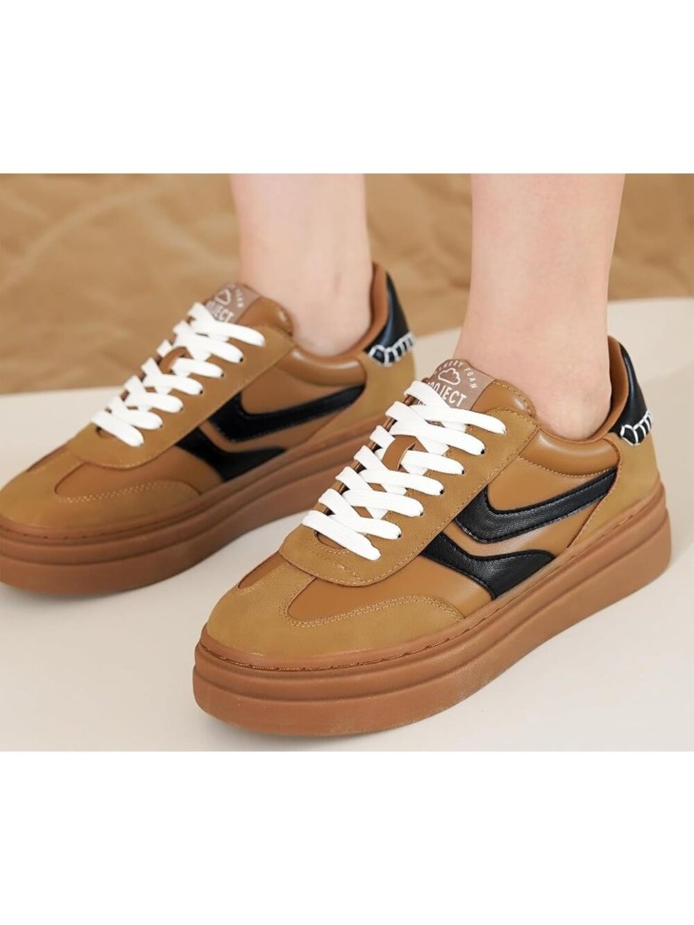 Women's Tan Lace-up Shoes Memory Foam Insole Casual Platform Sneakers